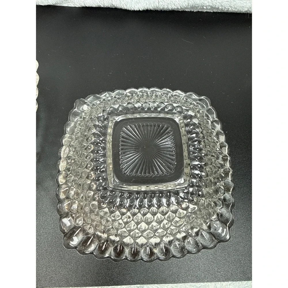 Vintage Indiana Glass Bowl Dish Diamond Point Scalloped Clear Set 2Candy, Nuts